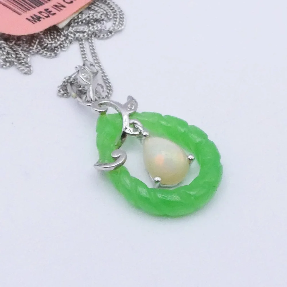 Djoy Sterling Silver Opal Carved Jade Platinum Plated Leaf Pendant Necklace 20in